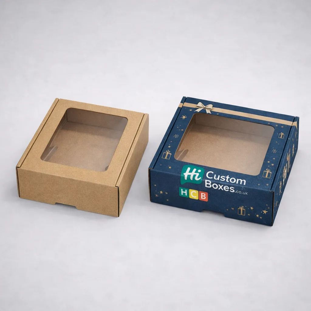 Two cardboard boxes featuring transparent windows on top, one plain brown and one decorated blue. class=